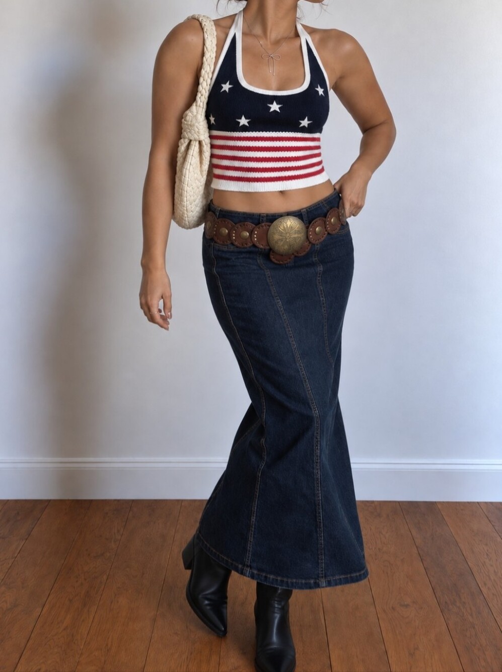 Hollister Navy Red White Star-Stripe Halter Tank